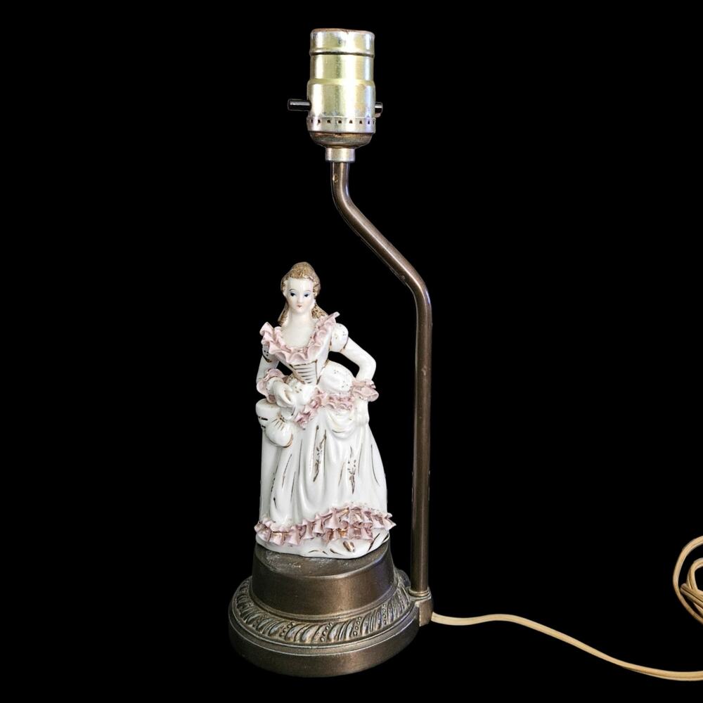 Vintage Porcelain Lady Figurine Table Lamp Base Pink Ruffle Dress Working